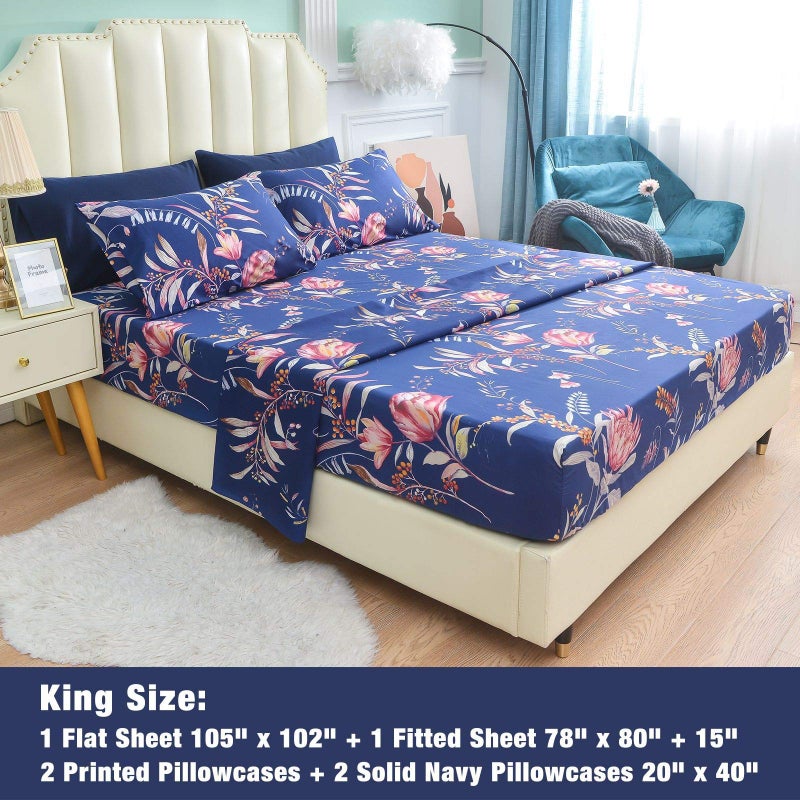 JSD Navy Blue Floral Printed King Sheet Set, 6 Piece Botanical Pattern Microfiber Sheets Extra Deep Pocket - Image 2